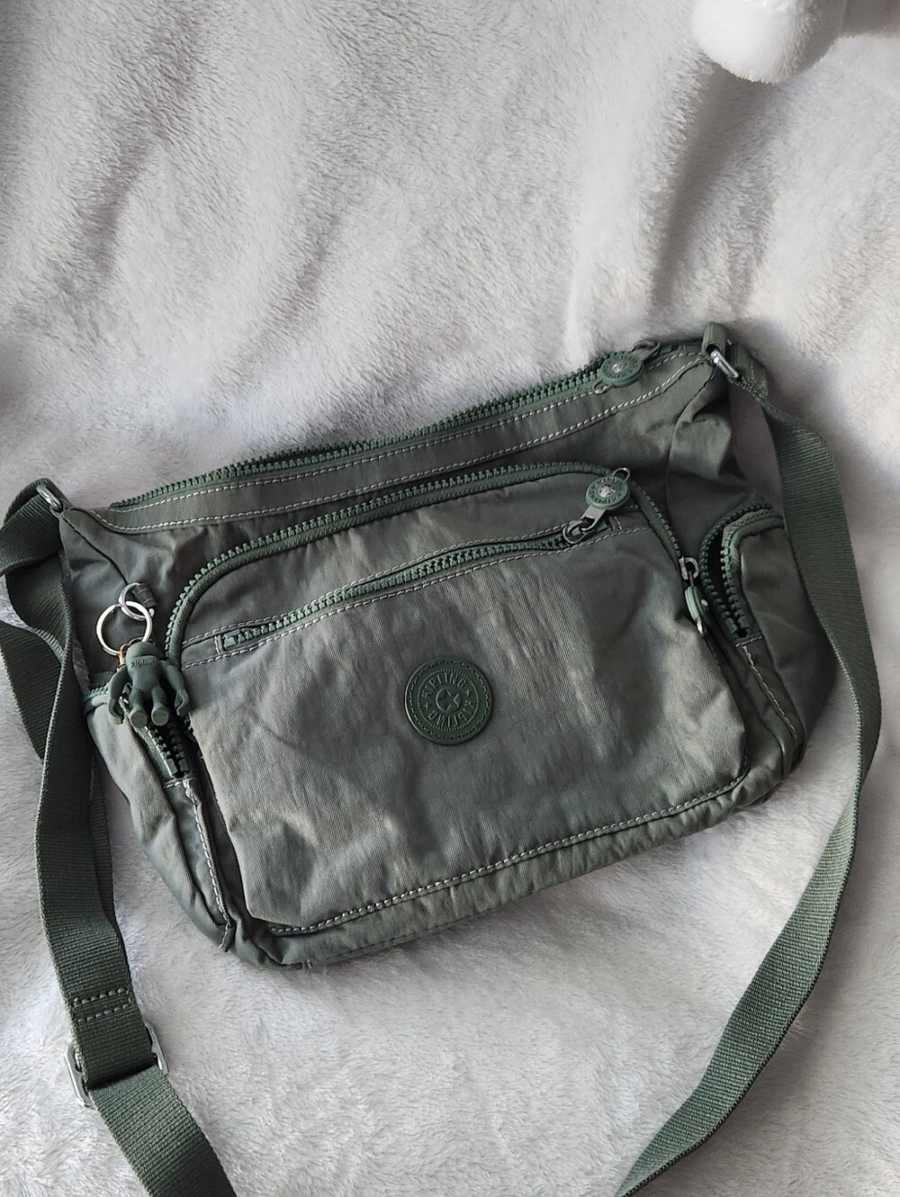 Kipling Olive Green Waist Belt Bag with Monkey Key Charm